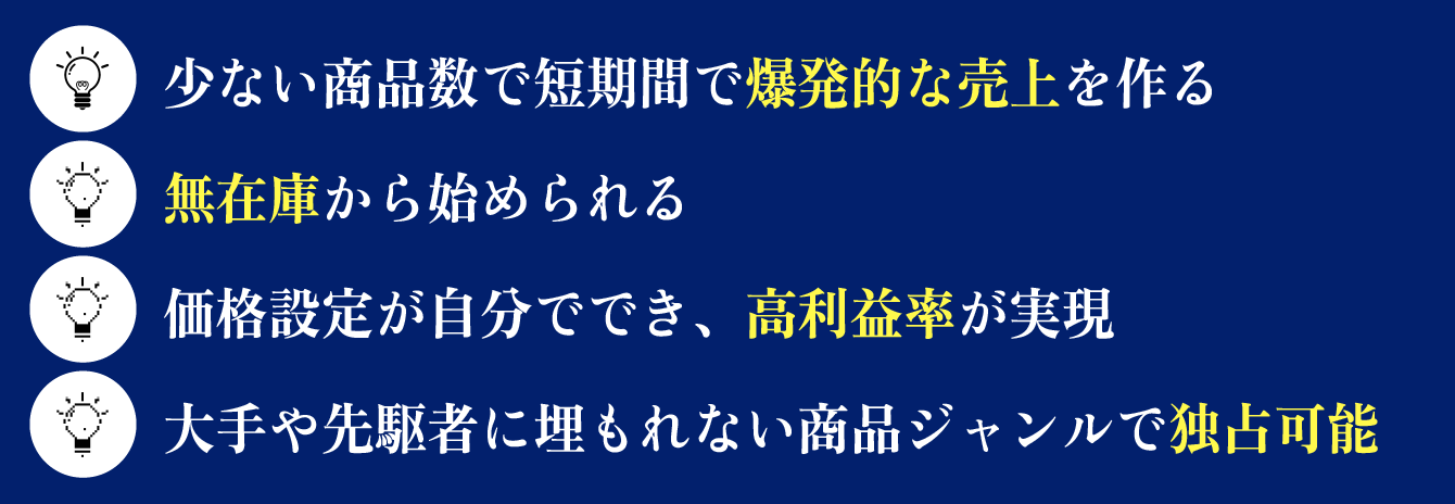 ・少ない商品数で短期間で爆発的な売上を作る・無在庫から始められる・価格設定が自分ででき、高利益率が実現・大手や先駆者にも埋もれない商品ジャンルで独占可能